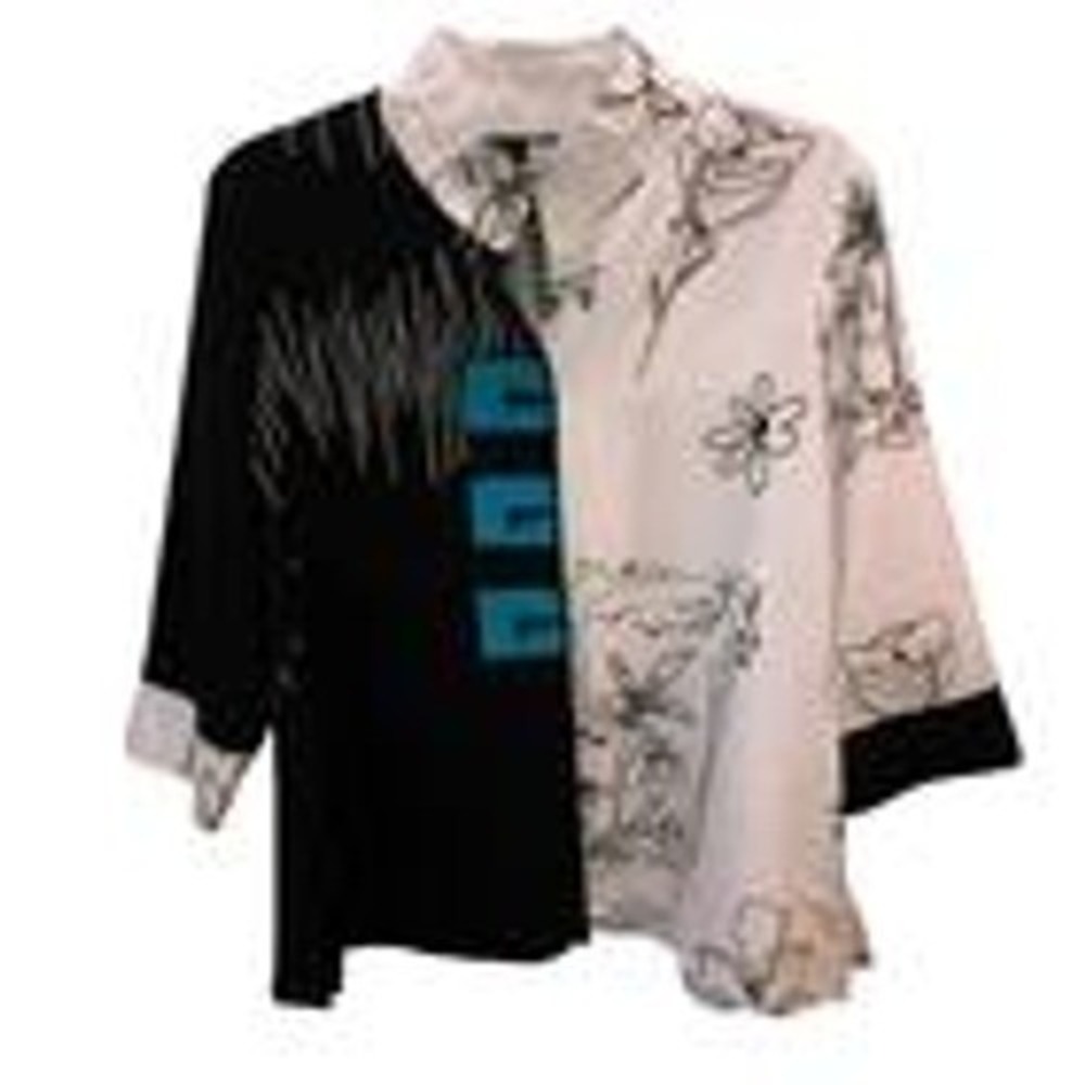 Ali Miles Blouse PL Black White Colorblock Art Line Floral 3/4 Sleeve Top